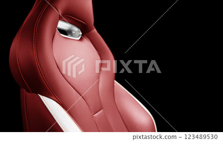 Red leather interior of the luxury modern car. Perforated red leather. Seats with stitching isolated on black background. Modern car interior details. Car inside Red leather interior of the luxury modern car. Perforated red leather. Seats with stitching isolated on black background. Modern car interior details. Car inside 123489530