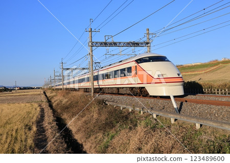 Tobu Railway's Nikko Line Express Spacia train running east Tobu Railway's Nikko Line Express Spacia train running east 123489600