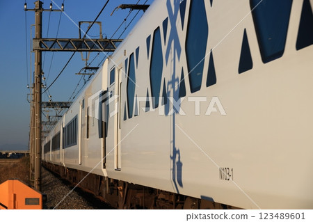 A Spacia X train running on the Tobu Nikko Line in Kazo City, Saitama Prefecture 123489601