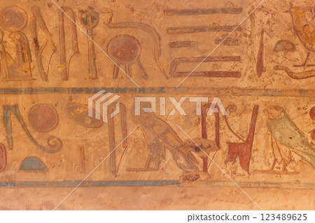 Ancient egyptian hieroglyphs on the wall in Karnak Temple Complex in Luxor, Egypt Ancient egyptian hieroglyphs on the wall in Karnak Temple Complex in Luxor, Egypt 123489625
