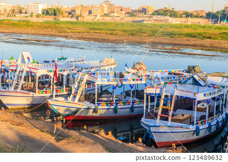 Tourist boats moored near the shore of Nile river in Luxor, Egypt 123489632
