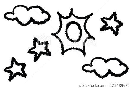 Hand drawn crayon sun, cloud, star outline for kid colouring book, day time, summer break, sticker, picnic, park, beach vibe, hot season, warm weather, temperature, earth, nature, garden, outdoor 123489671