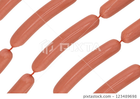 Sausages isolated on white background. Fresh sausages. A pack of sausages isolated. Sausages isolated on white background. Fresh sausages. A pack of sausages isolated. 123489698