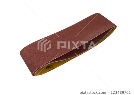 Sandpaper surface. Sandpaper texture background with pattern of red sand grains. Abrasive materialisolated on white background.  123489701
