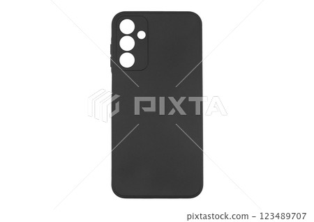 Mobile phone case isolated on white background. Smart phone case isolated. Blue silicone case for smartphone or phone with cutouts for the camera. Mobile phone case isolated on white background. Smart phone case isolated. Blue silicone case for smartphone or phone with cutouts for the camera. 123489707