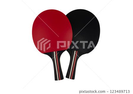 Ping pong paddle isolated in white background. Two red and black Table tennis rackets on a white background. Sports equipment for ping pong 123489713