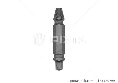 Steel screw extractor tool for removing broken screws or bolts isolated on white background. Drill extractor for unscrewing damaged screws. Tools for removing broken bolts Steel screw extractor tool for removing broken screws or bolts isolated on white background. Drill extractor for unscrewing damaged screws. Tools for removing broken bolts 123489766