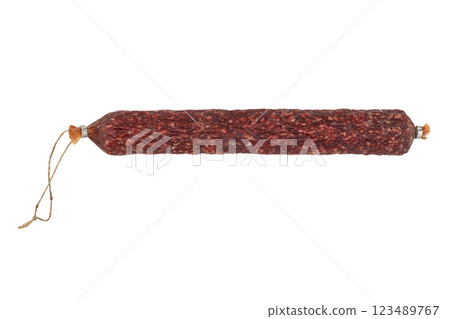 Top view of smoked salami chorizo sausages isolated on white background. Raw smoked sausage isolated over white Top view of smoked salami chorizo sausages isolated on white background. Raw smoked sausage isolated over white 123489767