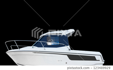 White fishing motor boat isolated on black background. Side view modern fishing boat isolated over black White fishing motor boat isolated on black background. Side view modern fishing boat isolated over black 123489929
