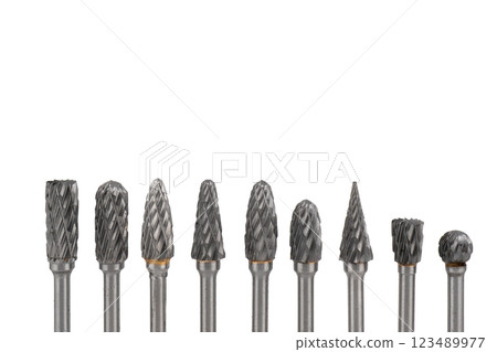 Carbide burrs isolated on white background. Rotary file burr texture. Burr set 123489977