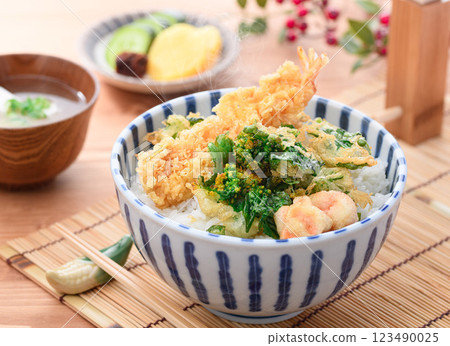 Taste of Spring: Rapeseed Blossoms and Shrimp Tempura Bowl Taste of Spring: Rapeseed Blossoms and Shrimp Tempura Bowl 123490025