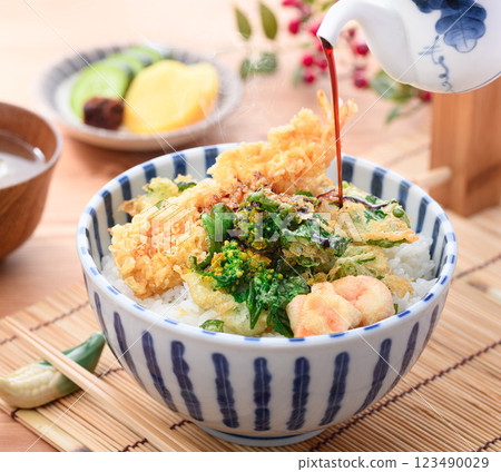 Taste of Spring: Rapeseed Blossoms and Shrimp Tempura Bowl Taste of Spring: Rapeseed Blossoms and Shrimp Tempura Bowl 123490029