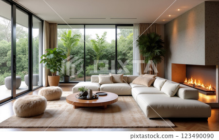 Modern living room with a cozy atmosphere and large windows overlooking a green landscape 123490090