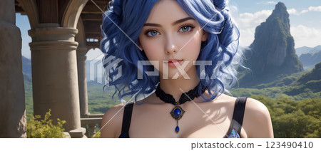 住在城堡裡的藍髮美麗少女 123490410