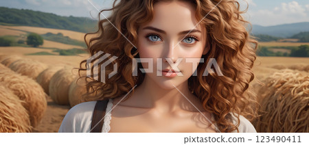 Beautiful girl with wavy hair working on a farm 123490411