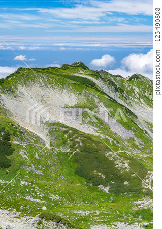 View of Tsurugi-Gozen and Tsurugisawa from the hiking trail to Betsuyama. Climbing Mount Tsurugi in the Northern Alps 123490808