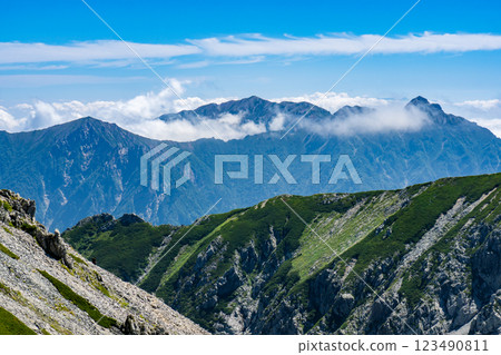 View of Mt. Akazawa, Mt. Renge, and Mt. Harinoki in the Ushiro-Tateyama mountain range from the southern peak of Mt. Betsuyama. Climbing Mt. Tsurugi in the Northern Alps View of Mt. Akazawa, Mt. Renge, and Mt. Harinoki in the Ushiro-Tateyama mountain range from the southern peak of Mt. Betsuyama. Climbing Mt. Tsurugi in the Northern Alps 123490811