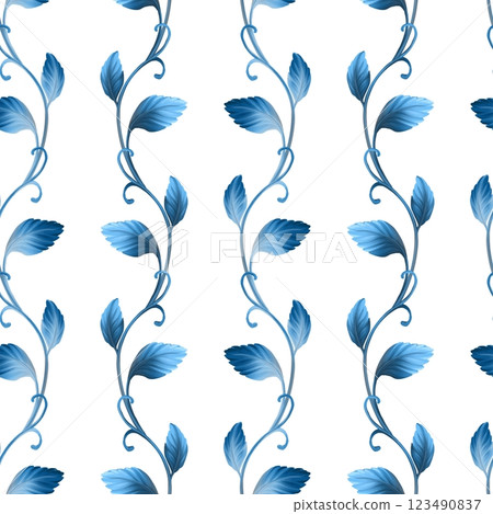 Abstract seamless pattern with blue leaves 123490837