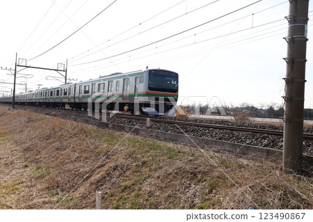 JR 233 series local train running near Hasuda City, Saitama Prefecture in winter 123490867