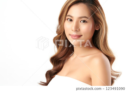Beautiful young asian woman with clean fresh skin on white background, Face care, Facial treatment, Cosmetology, beauty and spa, Asian women portrait. Beautiful young asian woman with clean fresh skin on white background, Face care, Facial treatment, Cosmetology, beauty and spa, Asian women portrait. 123491090