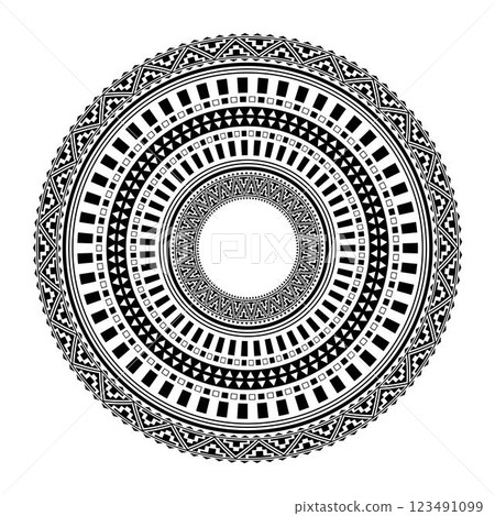 Vector monochrome national Indian circle. Black and white ethnic patterned background. Round pattern of indigenous peoples of America, Aztecs, Mayans, Incas. Native American ornament. Ikat Motifs Vector monochrome national Indian circle. Black and white ethnic patterned background. Round pattern of indigenous peoples of America, Aztecs, Mayans, Incas. Native American ornament. Ikat Motifs 123491099