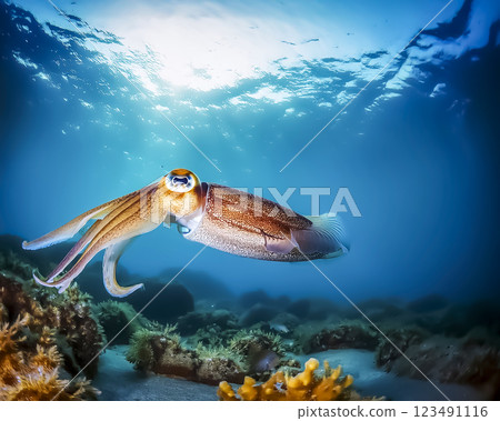 魷魚在海中游泳的圖片 123491116