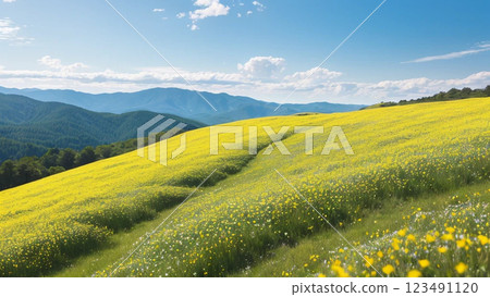 A field of rapeseed flowers spreading across the prairie 123491120
