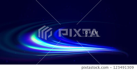 Blue glowing ray curved light on dark background with copy space for text. Technology communication concept, Hi-speed night motion. Blue glowing ray curved light on dark background with copy space for text. Technology communication concept, Hi-speed night motion. 123491309