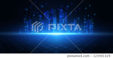 Modren glowing night cityscape on dark blue background with lighting effect and sparkle. 123491329