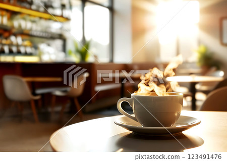 A steaming cup of coffee sits on a cafe table, the sunlight streaming in into a quiet cafe. The warm glow creates a cozy atmosphere in the blurred background. A steaming cup of coffee sits on a cafe table, the sunlight streaming in into a quiet cafe. The warm glow creates a cozy atmosphere in the blurred background. 123491476