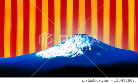 A horizontal Japanese-style illustration of a blue Mount Fuji with a gold and red tanzaku pattern background, perfect for congratulatory messages and the ultimate auspicious occasion for the Japanese. A horizontal Japanese-style illustration of a blue Mount Fuji with a gold and red tanzaku pattern background, perfect for congratulatory messages and the ultimate auspicious occasion for the Japanese. 123491602
