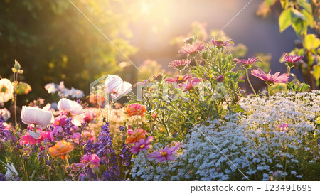 五彩繽紛的花田和清晨的陽光 123491695