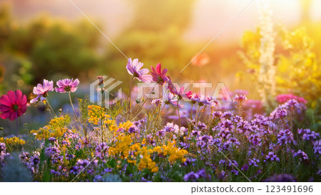 Colorful flower field and the morning sun shining through 123491696