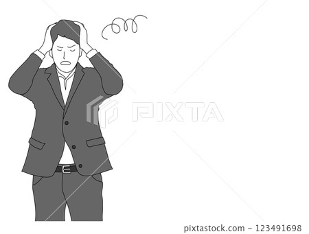 憂心忡忡的男人插畫：一位身著西裝的商人抱著頭上身正面單色 123491698