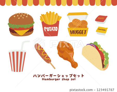 Hand drawn burger shop illustration set Hand drawn burger shop illustration set 123491787