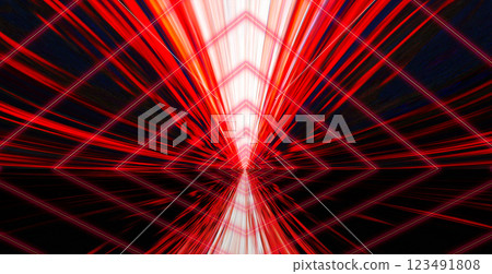 具有緊迫感的未來主義、科學性的抽象的背景，黑暗的空間中連續的三角形發光帶，紅色的霓虹燈以光速移動。 123491808