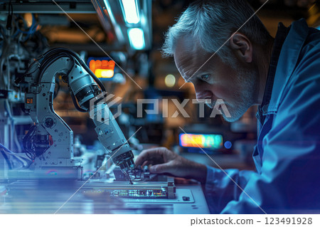 Engineer and robot arm adjusting precision machinery 123491928