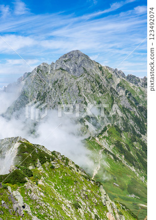 Mount Tsurugi and Mount Maetsurugi seen from Mount Tsurugi - Climbing Mount Tsurugi in the Northern Alps Mount Tsurugi and Mount Maetsurugi seen from Mount Tsurugi - Climbing Mount Tsurugi in the Northern Alps 123492074