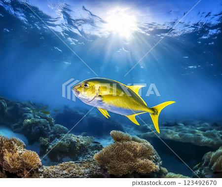 Image of a school of yellowtail swimming in the ocean 123492670