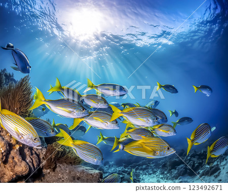 Image of a school of yellowtail swimming in the ocean 123492671