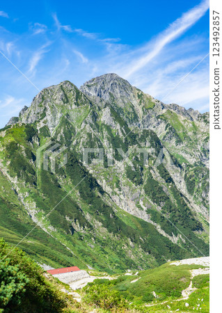 View of Maetsurugi and Mt. Tsurugi from Tsurugisawa Campsite. Climbing Mt. Tsurugi in the Northern Alps. 123492857