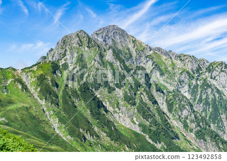 View of Maetsurugi and Mt. Tsurugi from Tsurugisawa Campsite. Climbing Mt. Tsurugi in the Northern Alps. 123492858