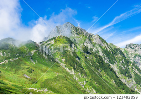 Ippoku Tsurugi, Maetsurugi, and Tsurugidake seen from Tsurugisawa Mountain climbing in the Northern Alps 123492859