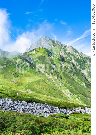 Ippoku Tsurugi, Maetsurugi, and Tsurugidake seen from Tsurugisawa Mountain climbing in the Northern Alps 123492860