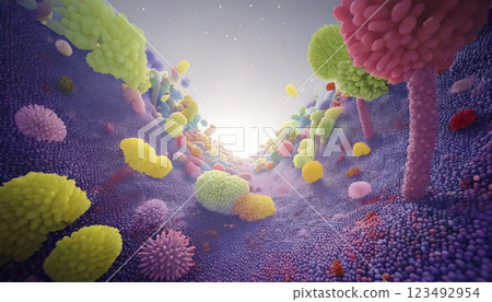 3D illustration of an image of the intestinal flora, a collection of colorful and diverse beneficial intestinal bacteria. Intestinal environment 123492954