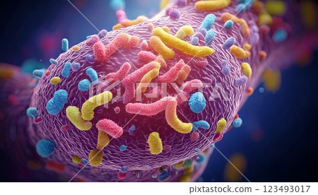 3D illustration of an image of the intestinal flora, a collection of colorful and diverse beneficial intestinal bacteria. Intestinal environment 3D illustration of an image of the intestinal flora, a collection of colorful and diverse beneficial intestinal bacteria. Intestinal environment 123493017