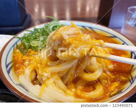 Tomato cheese curry udon: A Western-style twist on udon noodles. 123493071