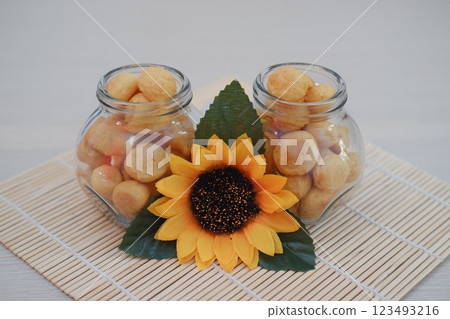 Golden Cookies in Jars with Sunflower Touch 123493216