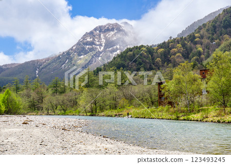 Early summer walking on the Kamikochi Nature Trail: Mt. Yake seen from the Azusa River 123493245