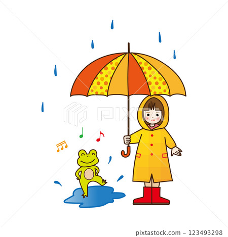 June Material: A girl with an umbrella and a frog dancing in a puddle 123493298